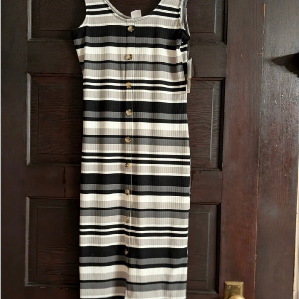 Sleeveless Black & White Striped Button-Front Midi Dress